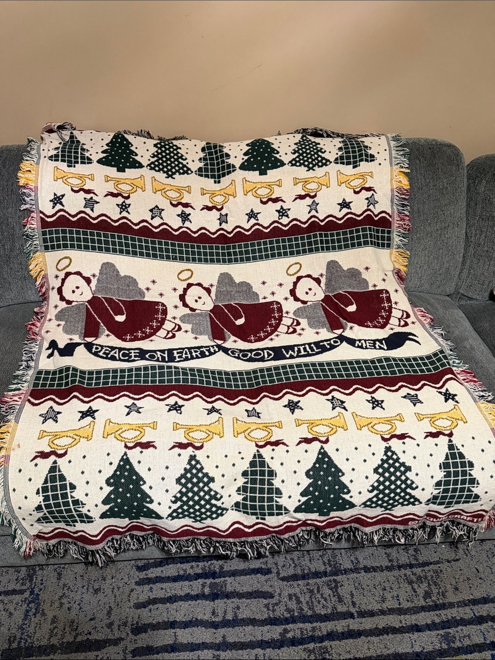 Holiday Angel Throw Blanket in Cream, Green & Burgundy